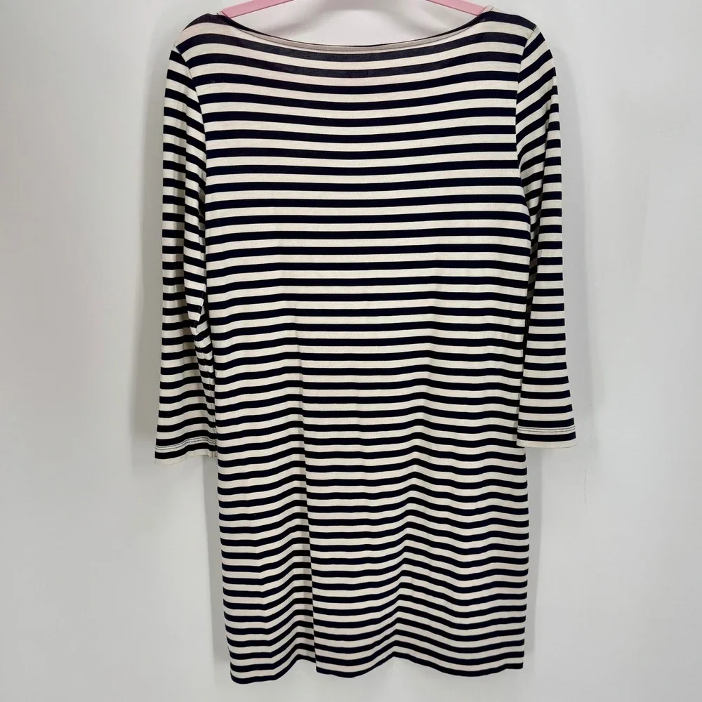 Tory‎ Burch Striped Floral Pima Cotton Boat Neck 3/4 Sleeve Shift Dress Navy S